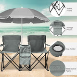 Outvita Folding Double Camping Chair w/Umbrella Beverage Holder Carrying Bag Cooler Fold Up Table, Large Bearing Capacity for Beach Patio Pool Park Outdoor Gray