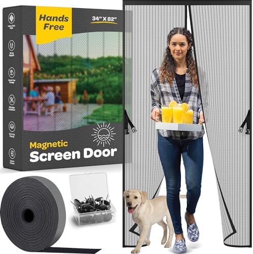 Hands-Free Magnetic Screen Door, Heavy Duty, Self Sealing Screen Door Mesh Protector, Pet and Kid-Friendly, Stay-Open Buckle, Keeps Bugs Out While Letting Nature in, Fits Door Size (34" x 82")