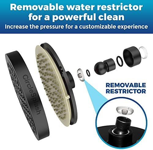 High Pressure Shower Head - Anti-Clogging Silicone Nozzles - 2.5 GPM Removable Restrictor - Easy to Clean Adjustable Replacement - easy to install with Plumbers Tape - 6 inch - Matte Black Finish