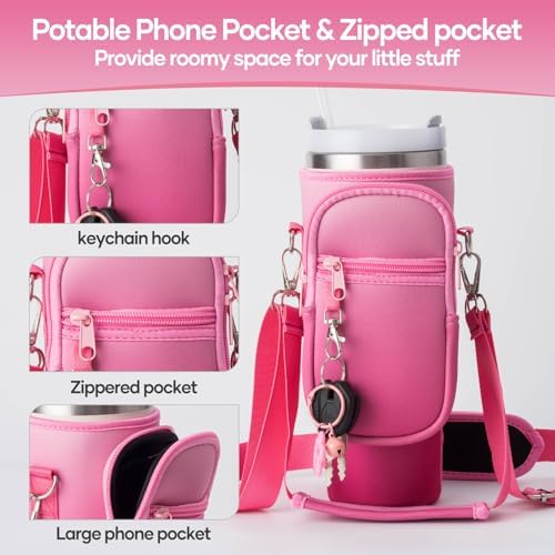 linmaya Water Bottle Carrier Bag with Phone Pocket for Stanley Cup 40/30oz,Insulated Neoprene Water Bottle Holder Cross-boday Bag with Adjustable Shoulder & Handheld Strap Stanley Cup Accessories