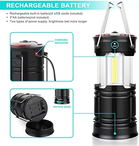 4 Pack Lantern Camping Essentials Lights, Led Flashlight for Power Outages, Tent Lights for Emergency, Survival Gear and Supplies for Hurricane, Rechargeable and Battery Powered Operated Lamp