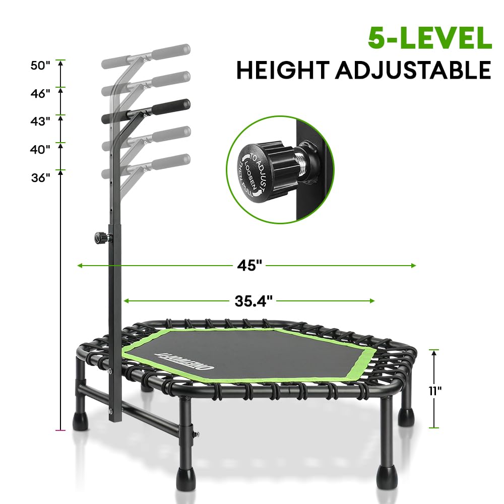 ONETWOFIT 42"/45" Rebounder Trampoline for Adults, Silent Mini Trampoline Indoor Exercise Fitness Trampoline Bungee Rebounder Workout Max Load 330lbs (45IN-Green-with-Handle)