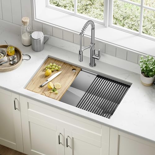 KRAUS Kore Workstation 32-inch Undermount 16 Gauge Stainless Steel Kitchen Sink, Single Bowl Kitchen Sink with Accessories, KWU110-32