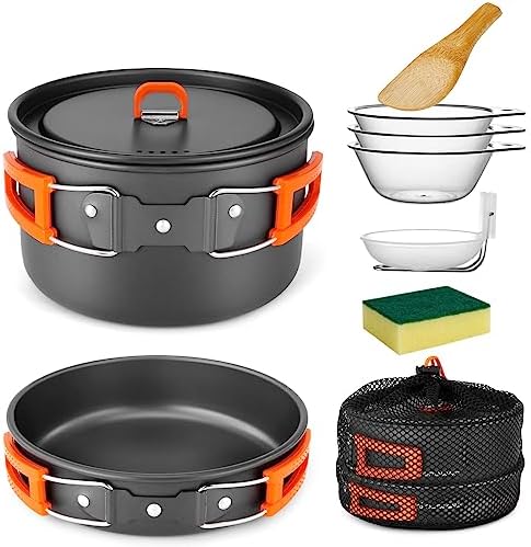 Odoland 9pcs Camping Cookware Non-Stick Lightweight Pots and Pans Set with Plastic Bowls Soup Spoon for Backpacking, Outdoor Cooking and Picnic