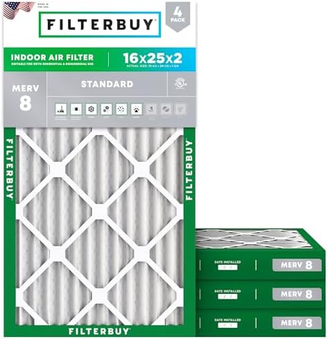 Filterbuy 16x25x2 Air Filter MERV 8 Dust Defense (4-Pack), Pleated HVAC AC Furnace Air Filters Replacement (Actual Size: 15.50 x 24.50 x 1.75 Inches)