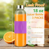 Zukro Glass Water Bottles with Lids 18 oz, Reusable Clear Juice Bottles Stainless Steel Airtight Cap for Juicing, 100% Leak Proof Juice Drinking Jar With Sleeve for Refrigerator, BPA Free, Set of 3