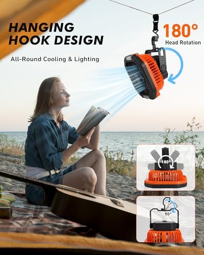 DUKUSEEK Camping Fan with LED Lantern & Remote, 25H Work Time Battery Operated Fan with Hang Hook for Tent, Portable Ceiling Tent Fan with Remote for RV Outages Emergency Desk Bedroom