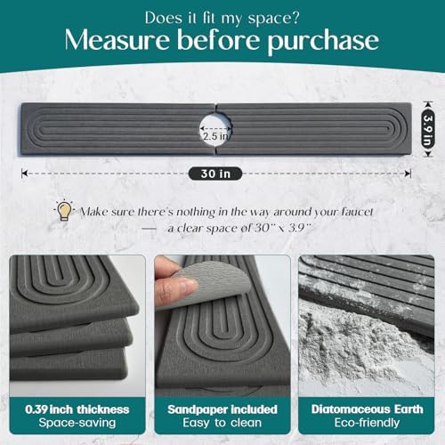 30 inch Kitchen Faucet Absorbent Mat - Diatomaceous Earth Splash Guard for Sink Faucet, Aesthetic Water Absorbing Stone Tray in The Modern Home [30" x 3.9", Dark grey]