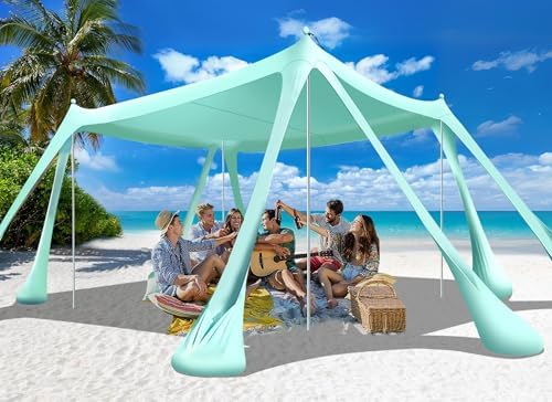 Beach Tent Sun Shelter Beach Canopy Tent Sun Shade Pop Up 10x10 UPF50+ with 8 Sandbags-2 Sand Shovel-Portable 4 Aluminum Poles-Ground Pegs-Easy Setup for Outdoor Family Camping Fishing Picnic