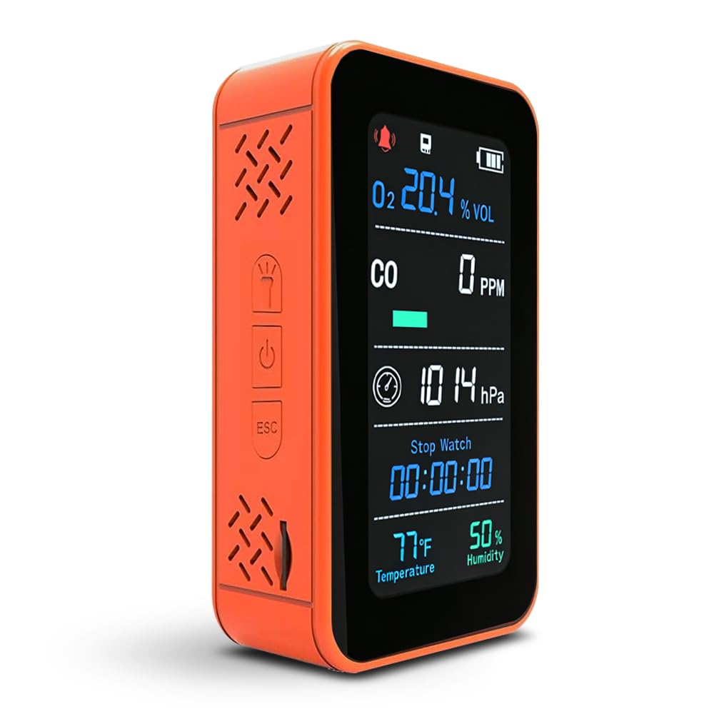 GZAIR 7-in-1 Portable Multi-Gas & Environmental Detector, O2/CO Monitor with Air Pressure, Temperature & Humidity Sensors, 3000mAh Rechargeable Device with SD Data Logging, Flashlight & Stopwatch