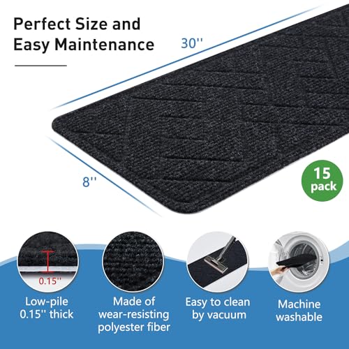 Non Slip Stair Treads for Wooden Steps,15 Pack 8" X 30" Stairs Carpet Treads Indoor with Reusable Peel and Stick Adhesive for Kids Elders and Pets,Polyester TPR Backing