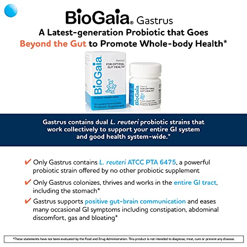 BioGaia Gastrus Chewable Tablets, Adult Probiotic Supplement for Stomach Discomfort, Constipation, Gas, Bloating, Regularity, Non-GMO, 30 Tablets, 1 Pack