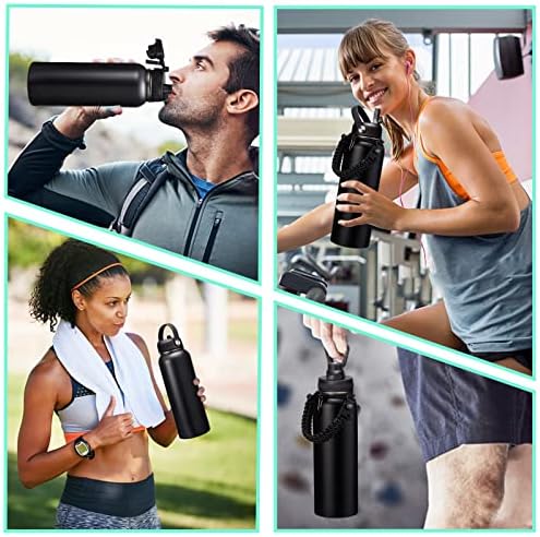 40OZ Insulated Water Bottle with Auto Spout Lids, Straw Lids, Paracord Handle for Sport, Protective Cup Mat, BPA-Free Reusable Insulated Water Bottle - Black Water Jug with Straw