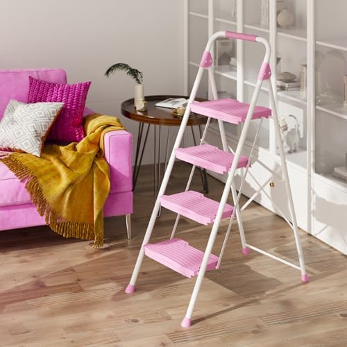 KINGRACK 4 Step Ladder, 900lbs Sturdy Step Stool with Handrail, Anti-Slip Wide Pedals, Foldable Stepladder for Home, Garage, Garden, Household, Pink, Pass 900LBS Testing