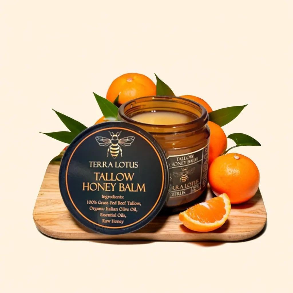 Terra Lotus - Organic Grass-Fed Beef Tallow Balm with Raw Honey - Moisturizing Cream for Soft, Smooth Skin - Handmade All-Natural Moisturizer (2 Oz, Unscented)