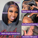 HIRIREMY Short Straight Bob Wigs for Black Women Human Hair 13x4 HD Lace Front Bob Wigs Human Hair Pre Plucked Natural Hairline Glueless 180% Density 12 Inch