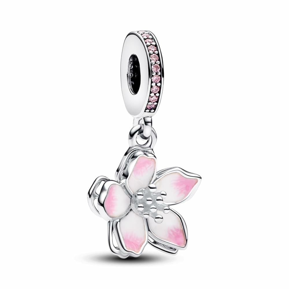 PANDORA Moments Cherry Blossom Dangle Charm - Sterling Silver Charm with Cubic Zirconia & Enamel - Jewelry for Women - Includes Gift Box