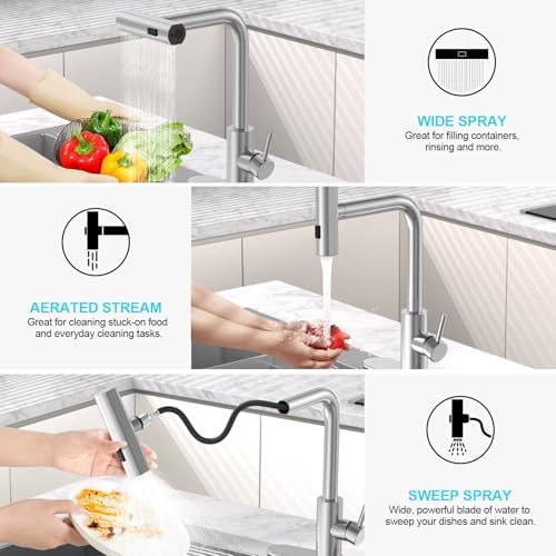 Brushed Nickel Single Hole Kitchen Faucets with Pull Down Sprayer, Single Handle, High Flow Water, Pull Out Tap, Stainless Steel Sink Faucet, Suitable for Farmhouse Camper Laundry Rv Bar