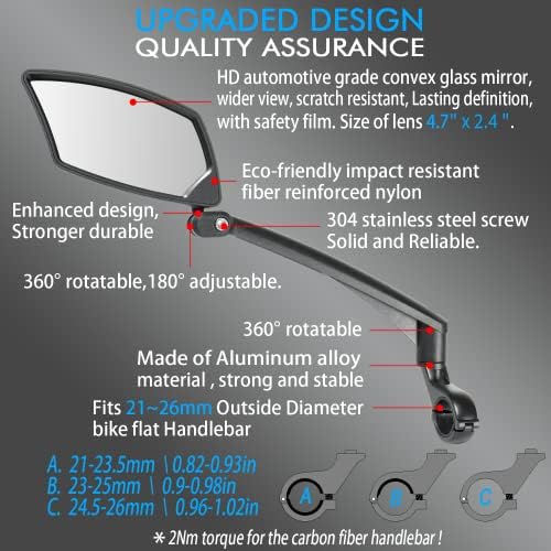 Handlebar Bike Mirror, Scratch Resistant Glass Lens, Ajustable and Rotatable Safe Rearview Bicycle Mirror