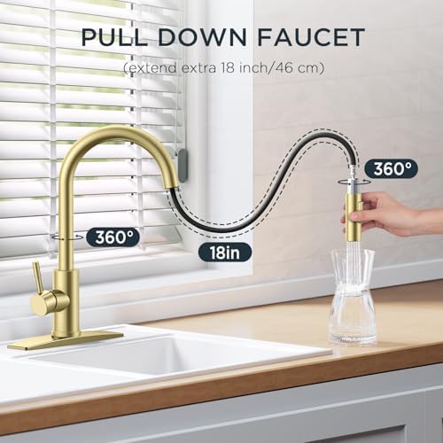 FORIOUS Gold Kitchen Faucet with Pull Down Sprayer, High Arc Modern Classic Sink Faucet Stainless Steel with Deck Fit for 1 or 3 Hole for Pot Filler Bar Farmhouse Laundry Rv, Brushed Champagne Golden