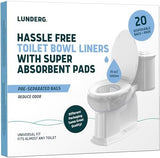 Lunderg Toilet Liners with Super Absorbent Pads - Value Pack 20 Count Universal Fit - Disposable Toilet Bags to Convert any Home, Boat or Camping WC into a Dry Flush - Emergency must have