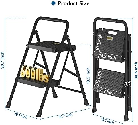 BONTEC 2-Step Ladder, Folding Step Stool, 600lbs Max Load Capacity, Sturdy Steel, Non-Slip Pedals, Lightweight, Portable Steel Ladder with Convenient Handrail, Safety Design for Home & Work, Black
