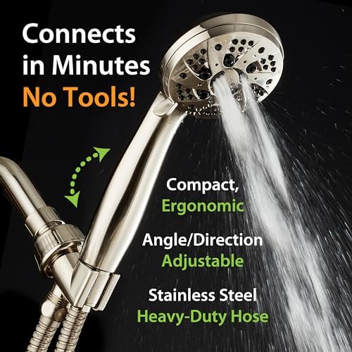 AquaDance High Pressure 6-Setting Full Brushed Nickel Handheld Shower Head with Stainless Steel Hose. Officially Independently Tested to Meet Strict US Quality & Performance Standards!