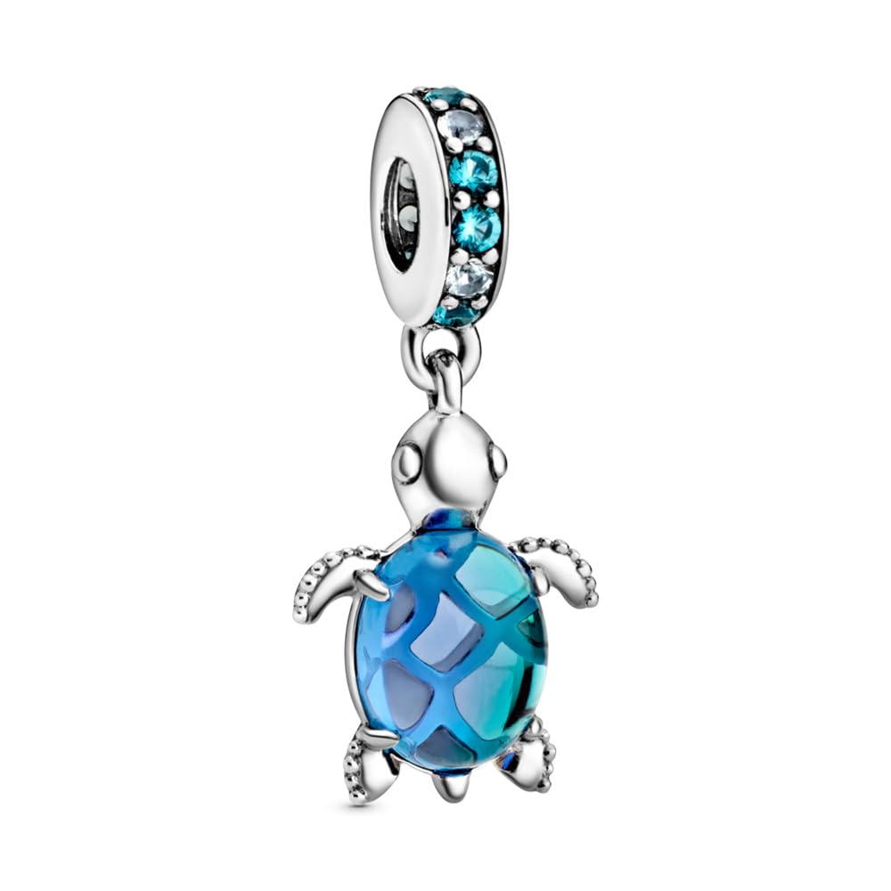 PANDORA Murano Glass Blue Sea Turtle Dangle Charm - Compatible Moments Bracelets - Jewelry for Women - Gift for Women - Made with Sterling Silver & Man-Made Crystal