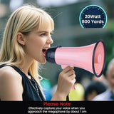 MyMealivos Portable Megaphone Bullhorn 20 Watt Power Megaphone Speaker Voice and Siren/Alarm Modes with Volume Control and Strap (Pink)