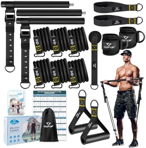 Pilates Bar Kit with Resistance Bands, Multifunctional Yoga Pilates Bar with Heavy-Duty Metal Adjustment Buckle, Portable Home Gym Pilates Resistance Bar Kit for Women Full Body Workouts