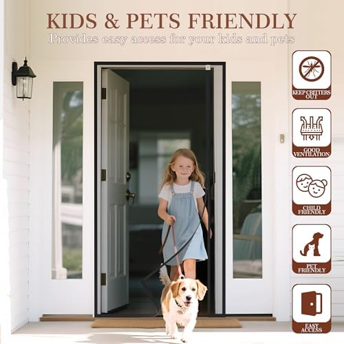 Yotache Reversible Left Right Side Opening Tall Magnetic Screen Door Fits Door Size 36 x 96, Reinforced Polyester Mesh, Actual Screen Size 38" x 97" Black