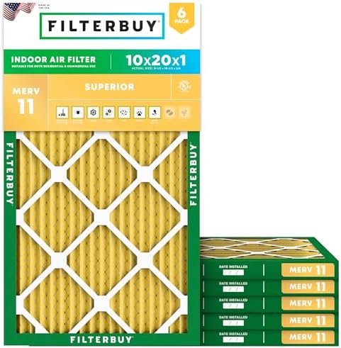 Filterbuy 10x20x1 Air Filter MERV 11 Allergen Defense (6-Pack), Pleated HVAC AC Furnace Air Filters Replacement (Actual Size: 9.50 x 19.50 x 0.75 Inches)