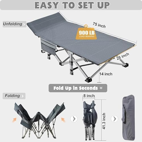 ABORON Folding Camping Cot W/Mat for Adults, Heavy Duty Outdoor Bed with Carry Bag,1200 D Layer Oxford Travel Camp Cots