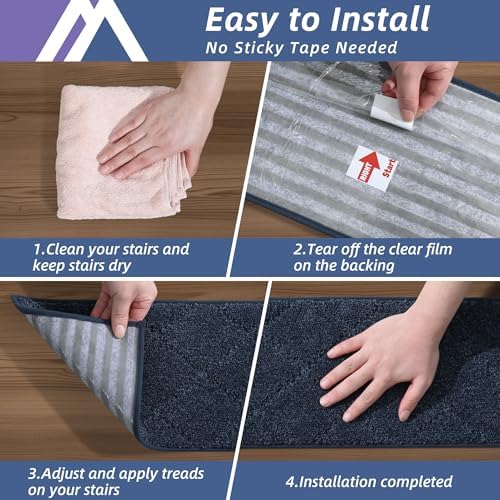 COSY HOMEER Edging Stair Treads Non-Slip Carpet Mat 28inX9in Indoor Stair Runners for Wooden Steps, Edging Stair Rugs for Kids and Dogs, 100% Polyester TPE Backing (15pc, Navy)
