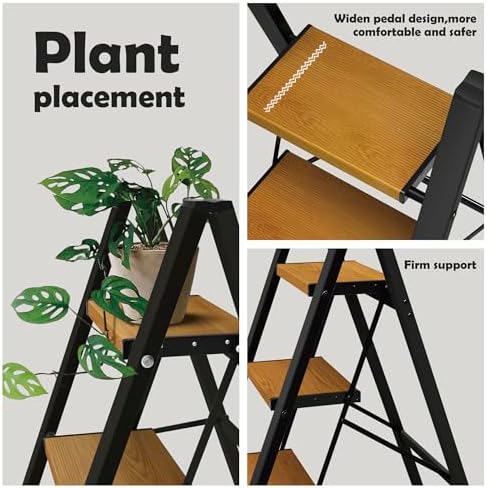 Taranta 3 Step Ladder,Aluminum Lightweight Folding 3 Step Stool with Anti-Slip Wide Pedal, 330lbs Capacity Step Ladder for Household,Kitchen,Office - BlackWoodgrain