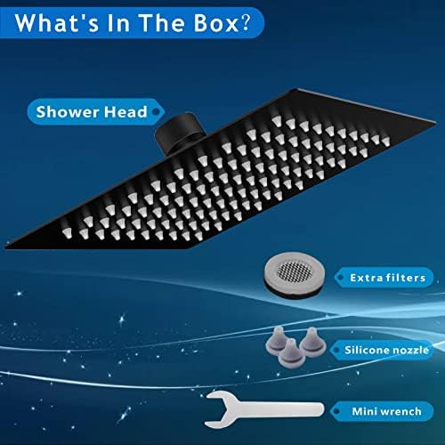 Voolan Rain Shower Head - High Flow Large Rainfall Shower Heads Made of Stainless Steel - Waterfall Bathroom Square Showerhead - Ceiling or Wall Mount (12" Black)
