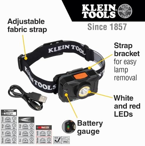 Klein Tools 56414 Rechargeable 2-Color LED Headlamp, Fabric Strap, Spotlight, Floodlight, Red LED, 800 Lumens, USB Cable, Camping, Running