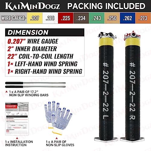Pair of 2" Garage Door Torsion Springs Set with Non-Slip Winding Bar & Gloves,High Precision Electrophoresis Black Coated, for Replacement & Installation, MIN 16,000 Cycles (0.207x2''x22'')