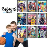 Bigwig Prints Basketball Posters for Boys Bedroom - Basketball Room Decor, Nba Posters, Steph Curry, Kobe Bryant Wall Art, Kevin Durant, Lebron James, Sports Art For Bedroom - Unframed Set of 9 (8x10)