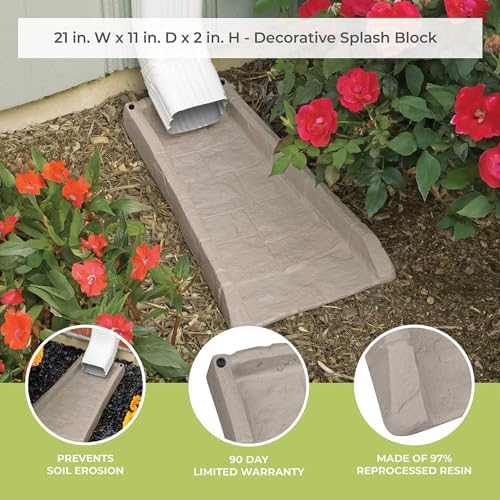 Suncast Easy Assembly Outdoor Decorative Poly Composite Rain Gutter Downspout Splash Block Effective in Any Type of Weather, Stone Light Taupe