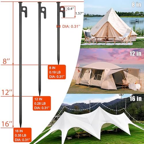16 Pack Tent Stakes Heavy Duty Metal Tent Pegs for Camping Steel Tent Stakes 16 inch Unbreakable and Inflexible