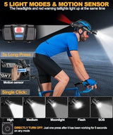 High Lumens LED Headlamp& 100H Using Time, USB Rechargeable Head lamp, 90° Adjustable Widebeam Motion Sensor Head Light with 5 Modes,Zoomable for Camping Running Hiking, Hard Hat Headlamps 1pc