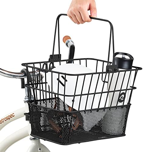 Retrospec Apollo Detachable Front Bike Basket Steel Half-Mesh with Integrated Detachable Hooks and Built-In Handle, Easy Assembly and Portability for Bicycles