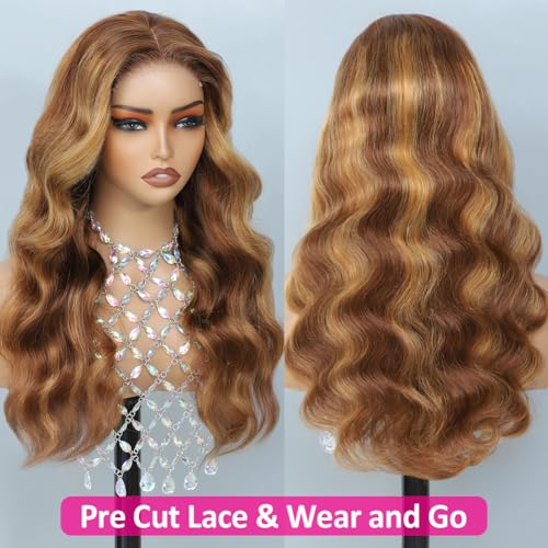 Hedy #4/27 Ombre Highlight Glueless Lace Front Wigs Human Hair Body Wave Wigs for Black Women Pre Plucked with Baby Hair 150% Density 4x4 Lace Closure (22 Inch, #4/27 Highlight Color)