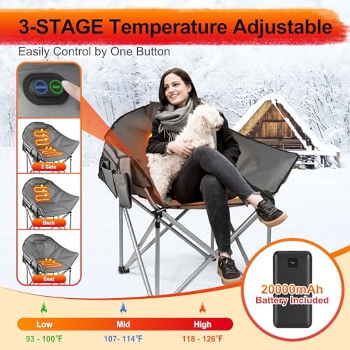 Slendor Heated Camping Chair Oversized, Portable Heated Chair Outdoor Sports with Backrest, High Back, Pillow, 3 Heat Levels, Folding Lawn Patio Lounge Chair, Supports 440 lbs