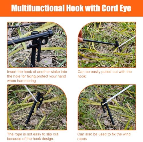 Eurmax USA 10 inch Multiuse Heavy Duty Steel Tent Stakes Tarp Pegs Camping Stakes for Outdoor Camping Canopy and tarp with 4 Ropes 10FT Length