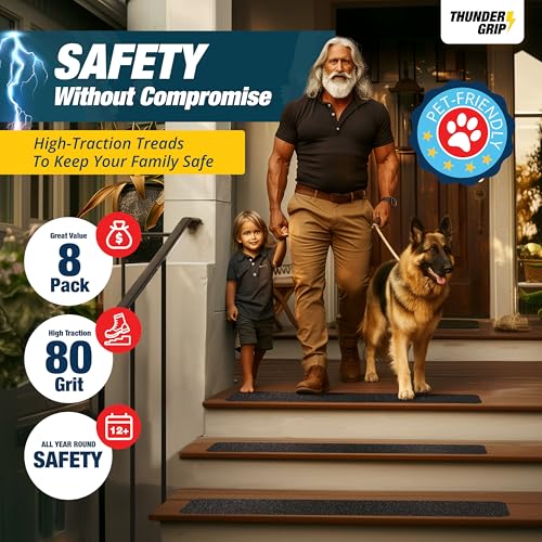 Outdoor Stair Treads Non Slip 24" x 4" - 8-Pack Weather Resistant Exterior Grip Tape for Wooden Steps - Non Slip Stair Treads - Anti Skid Strips - Waterproof 80-Grit Adhesive Treads by Thunder Grip