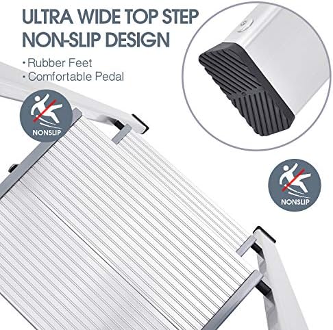 KINGRACK Aluminium 2 Step Ladder, Lightweight Step Stool with Non-Slip Pedals, Handrail, 330LBS Foldable Step Ladder for Kitchen, Garage, Home, Space Saving, Sturdy and Portable, Silver