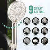 SR SUN RISE Filtered Shower Head with Handheld, High Pressure 9 Spray Mode Brushed Nickel Showerhead with Filters, detachable shower head,Water Softener Filters Beads for Hard Water - Remove Chlorine