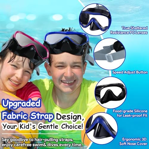 Vvinca Kids-Goggles with Nose Cover, Diving Mask Elastic Fabric Strap Anti Fog Anti Shattered Lens for Kids Swim Goggles 3-14